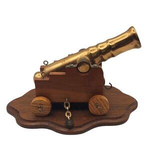Brass & Wood Ship Signal Cannon Model Replica With Moveable Parts On Wooden Base